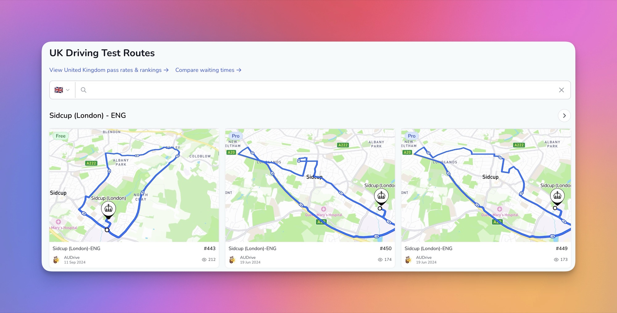 Sidcup test routes on AUDrive: 3 real practice routes around the A222, uploaded by drivers who tested here.