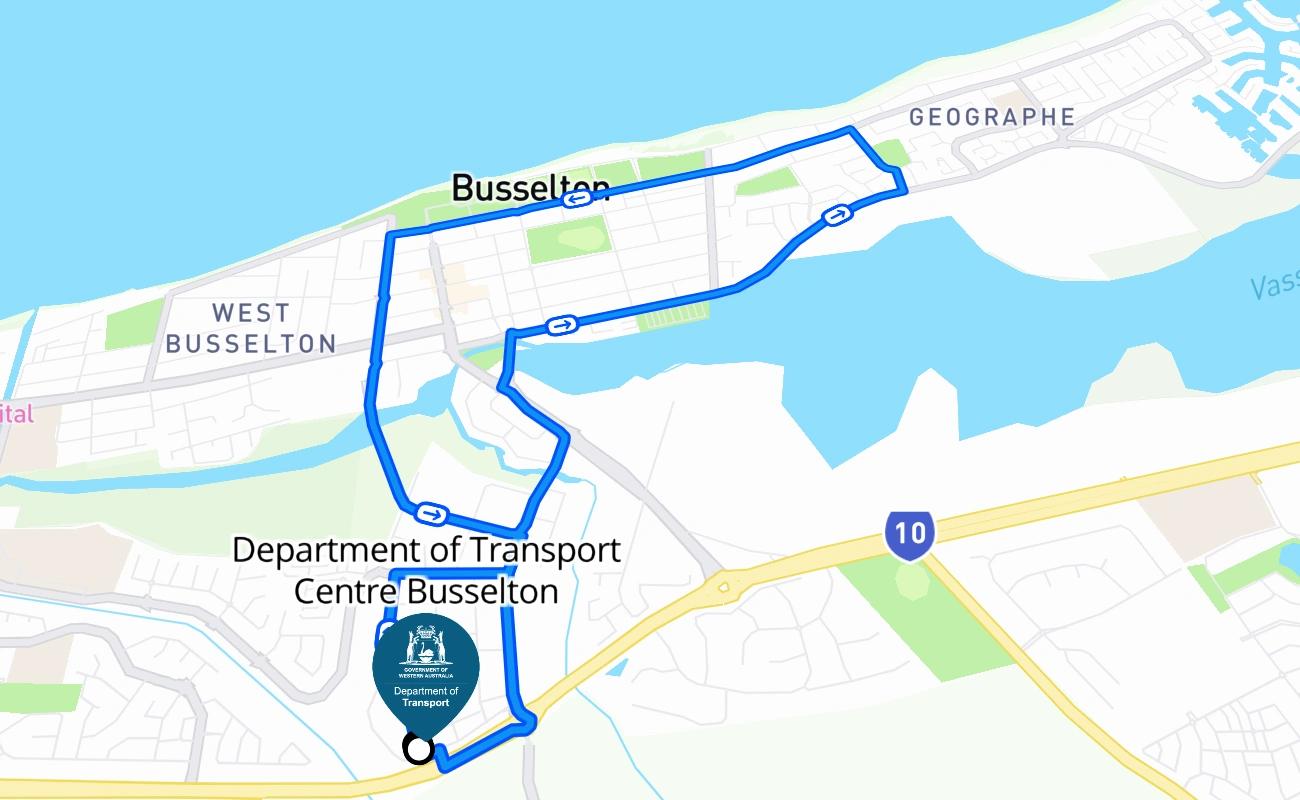 Department of Transport Centre Busselton 驾考路线 #217 地图 - WA 澳大利亚