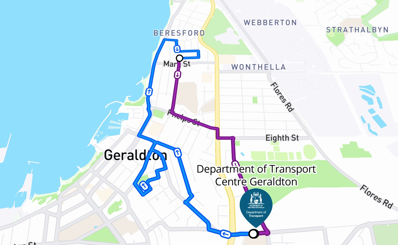 Department of Transport Centre Geraldton driving test route #264 map - WA Australia