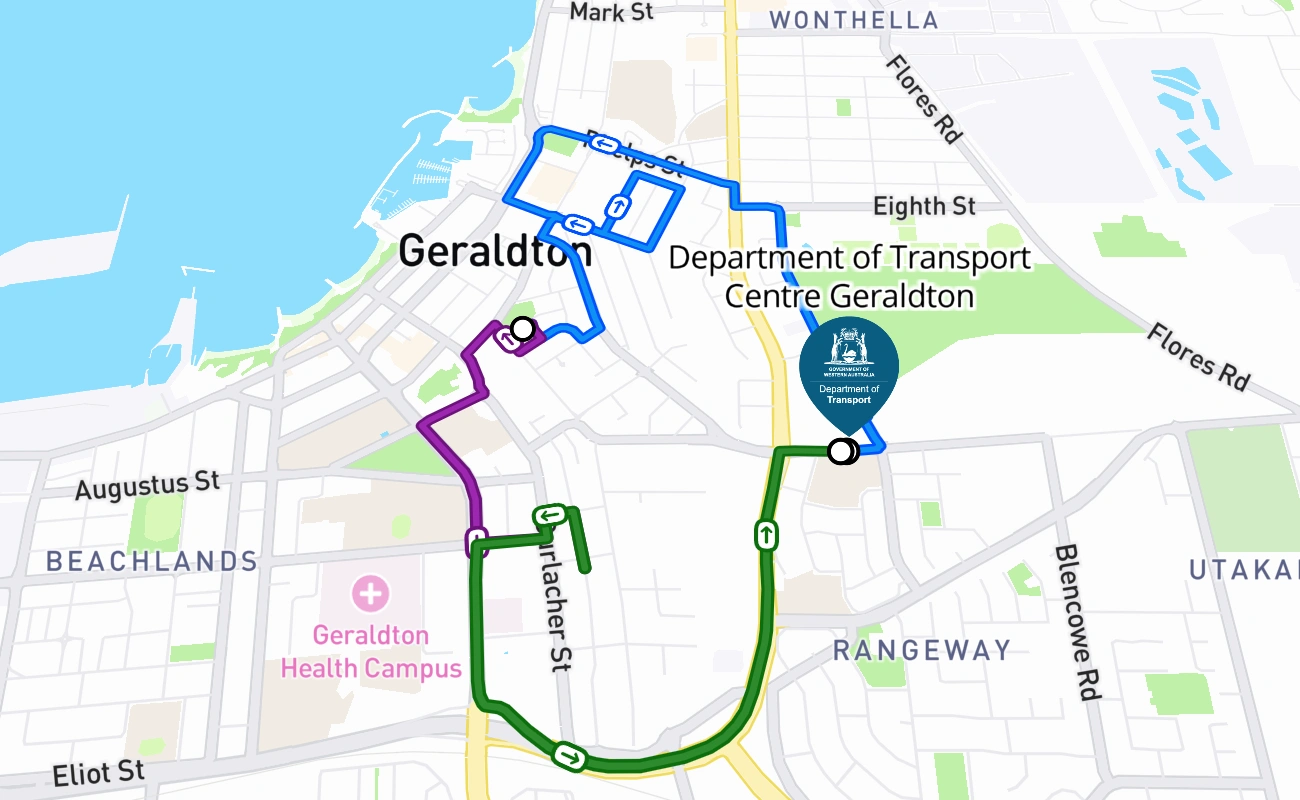 Department of Transport Centre Geraldton driving test route #266 map - WA Australia