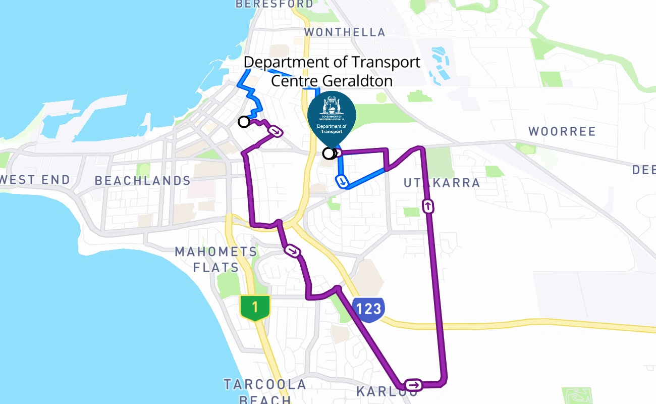 Department of Transport Centre Geraldton driving test route #267 map - WA Australia