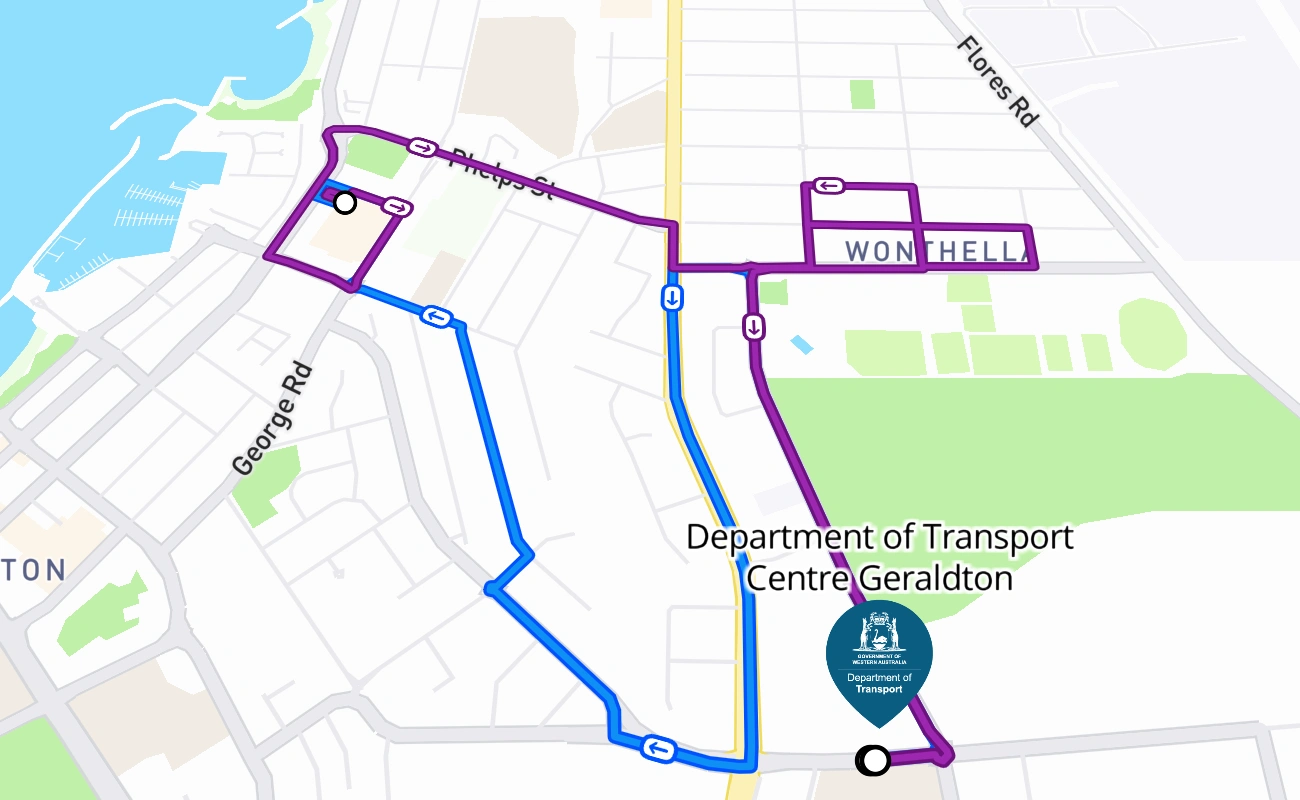 Department of Transport Centre Geraldton 驾考路线 #2690 地图 - WA 澳大利亚