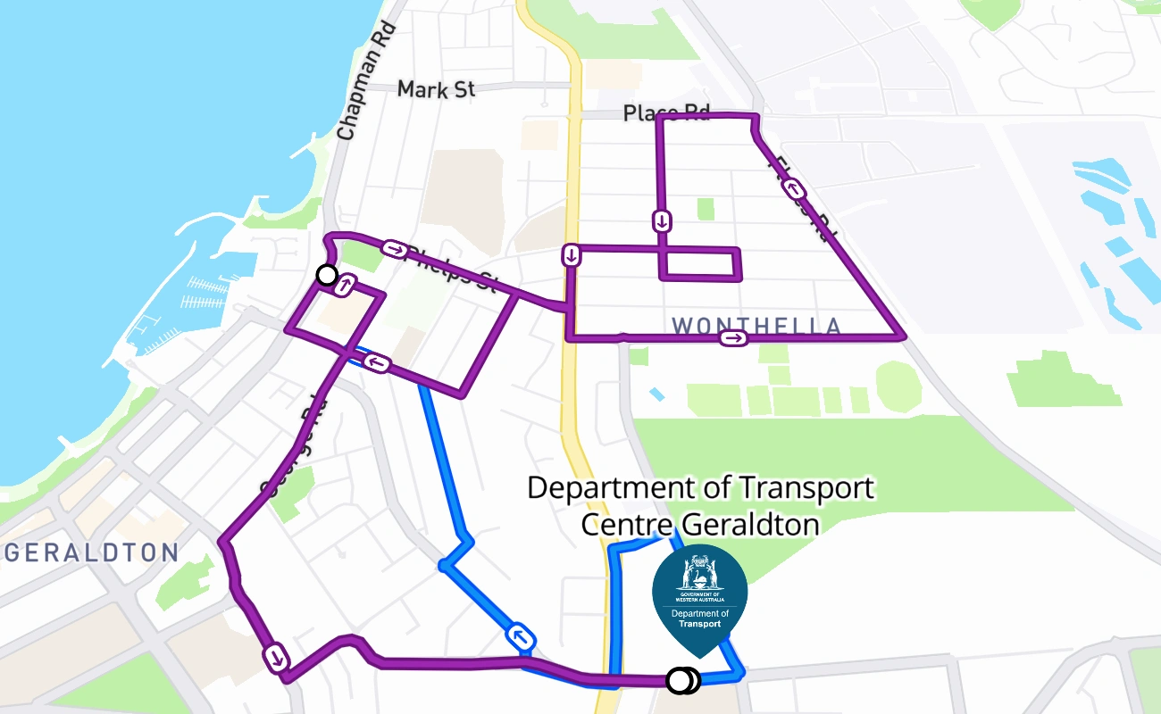 Department of Transport Centre Geraldton 驾考路线 #2691 地图 - WA 澳大利亚