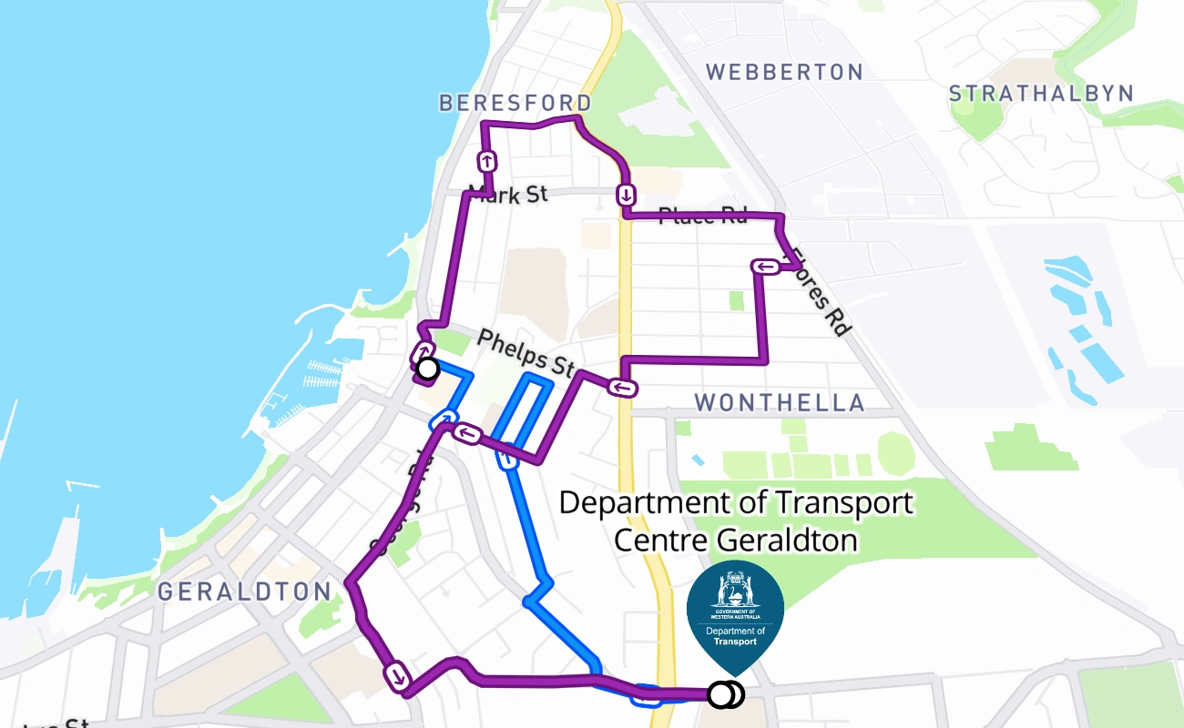 Department of Transport Centre Geraldton 驾考路线 #2692 地图 - WA 澳大利亚