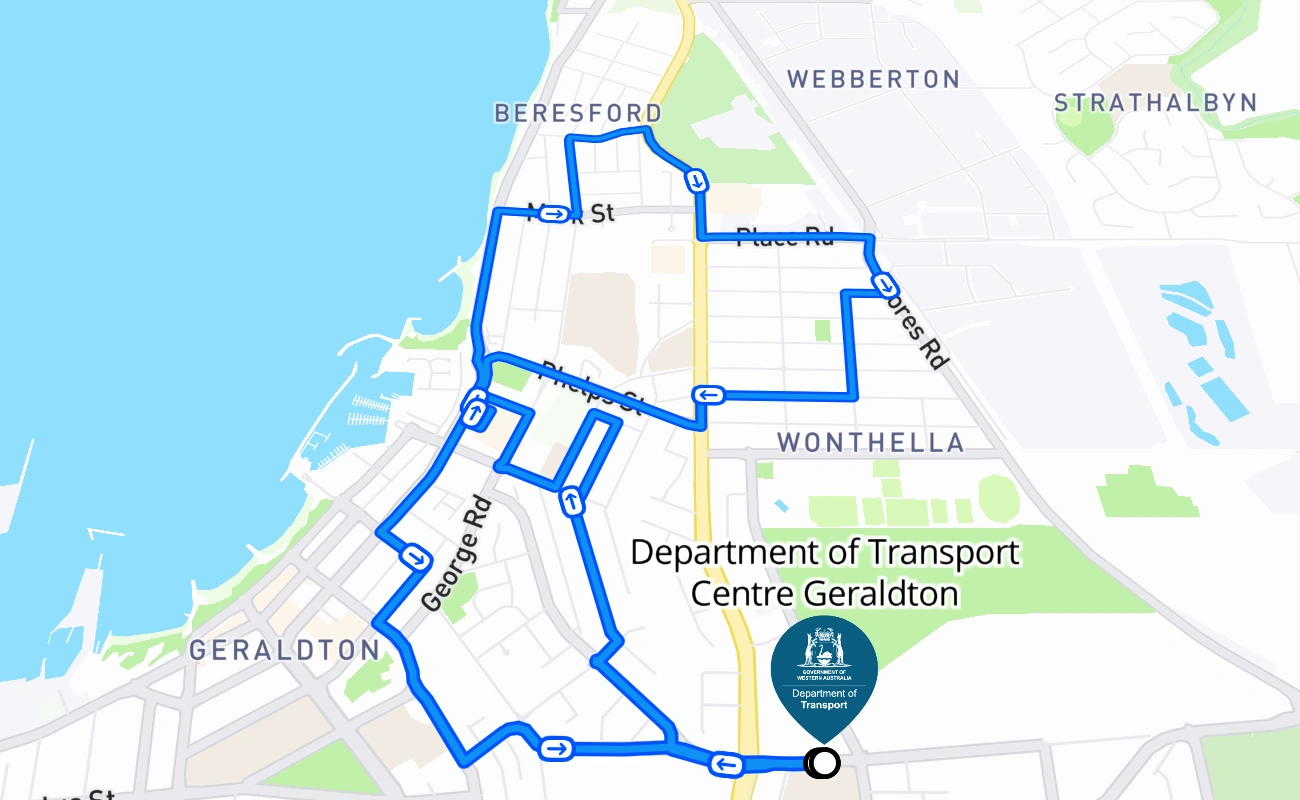 Department of Transport Centre Geraldton 驾考路线 #2693 地图 - WA 澳大利亚