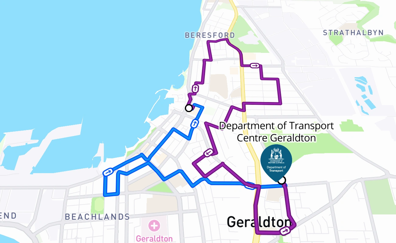 Department of Transport Centre Geraldton 驾考路线 #2694 地图 - WA 澳大利亚