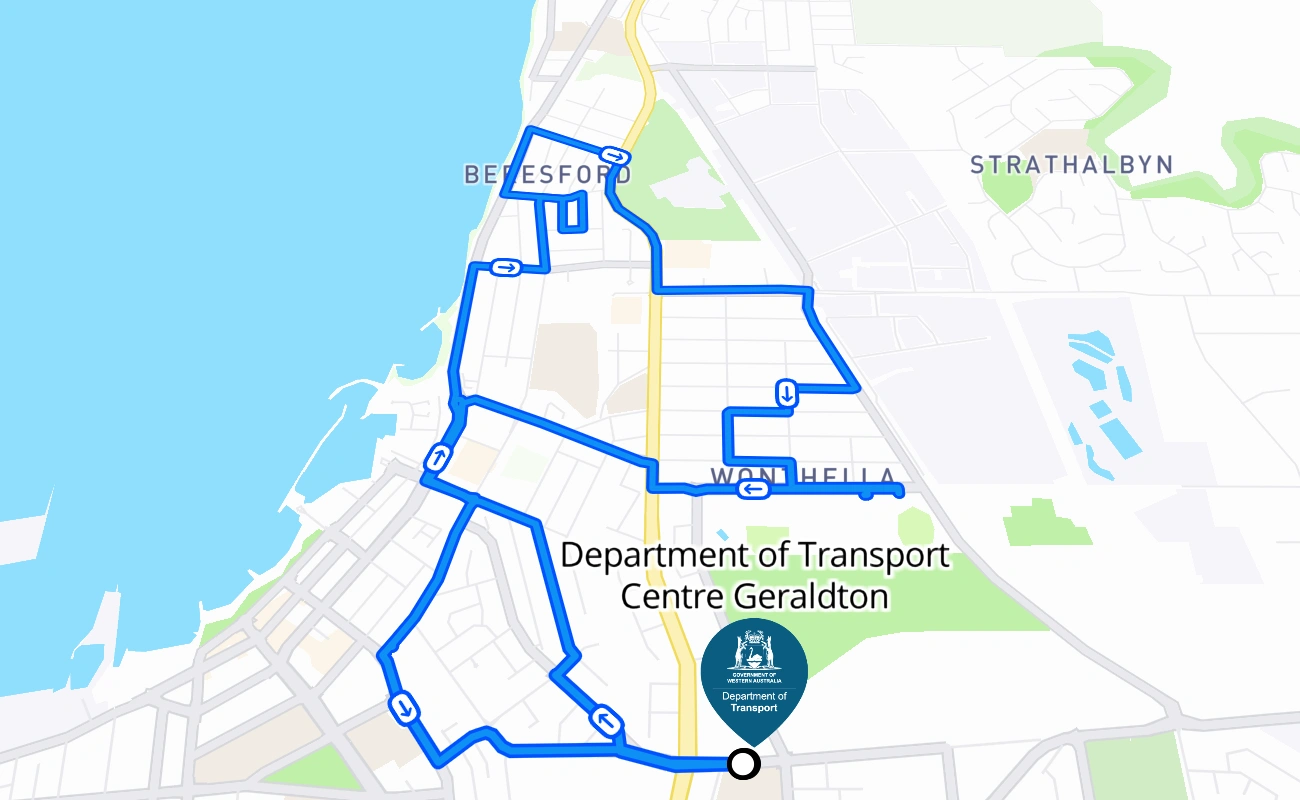 Department of Transport Centre Geraldton 驾考路线 #2729 地图 - WA 澳大利亚