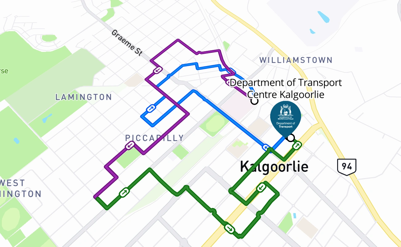 Department of Transport Centre Kalgoorlie driving test route #250 map - WA Australia