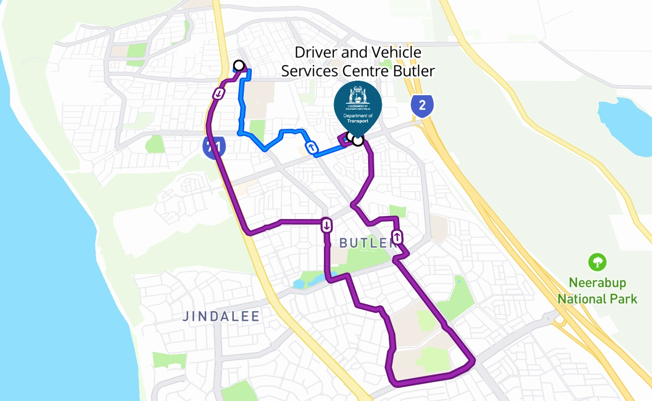 Driver and Vehicle Services Centre Butler driving test route #221 map - WA Australia