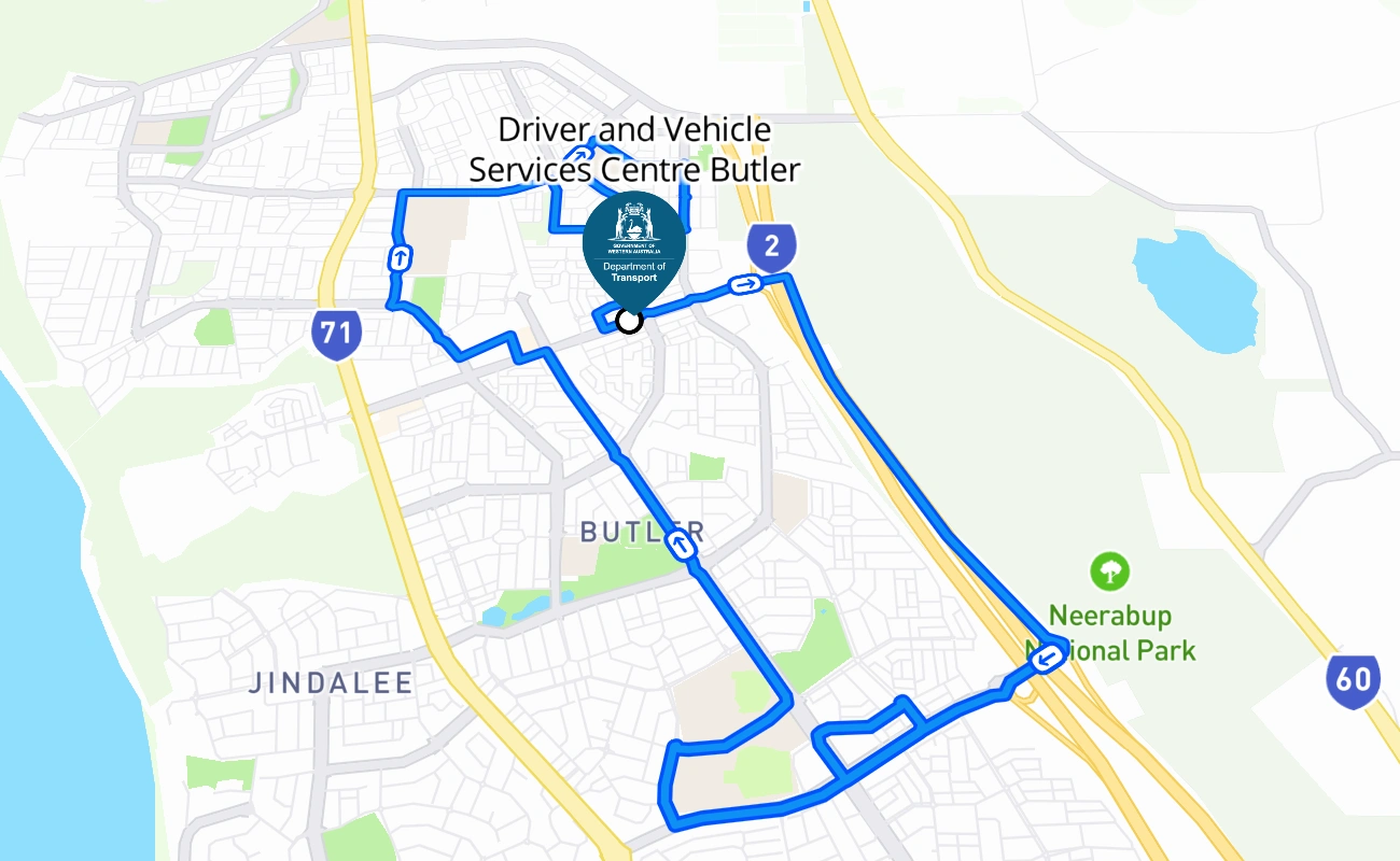 Driver and Vehicle Services Centre Butler driving test route #222 map - WA Australia