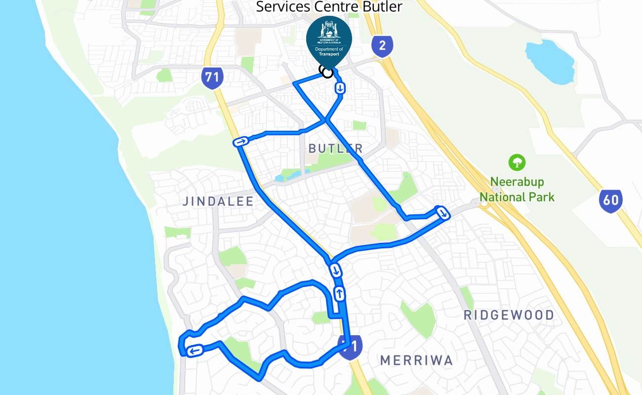 Driver and Vehicle Services Centre Butler driving test route #223 map - WA Australia