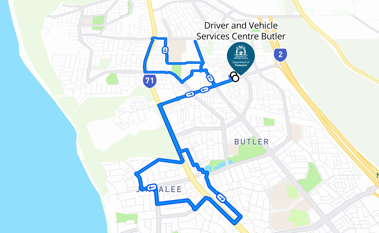 Driver and Vehicle Services Centre Butler driving test route #225 map - WA Australia
