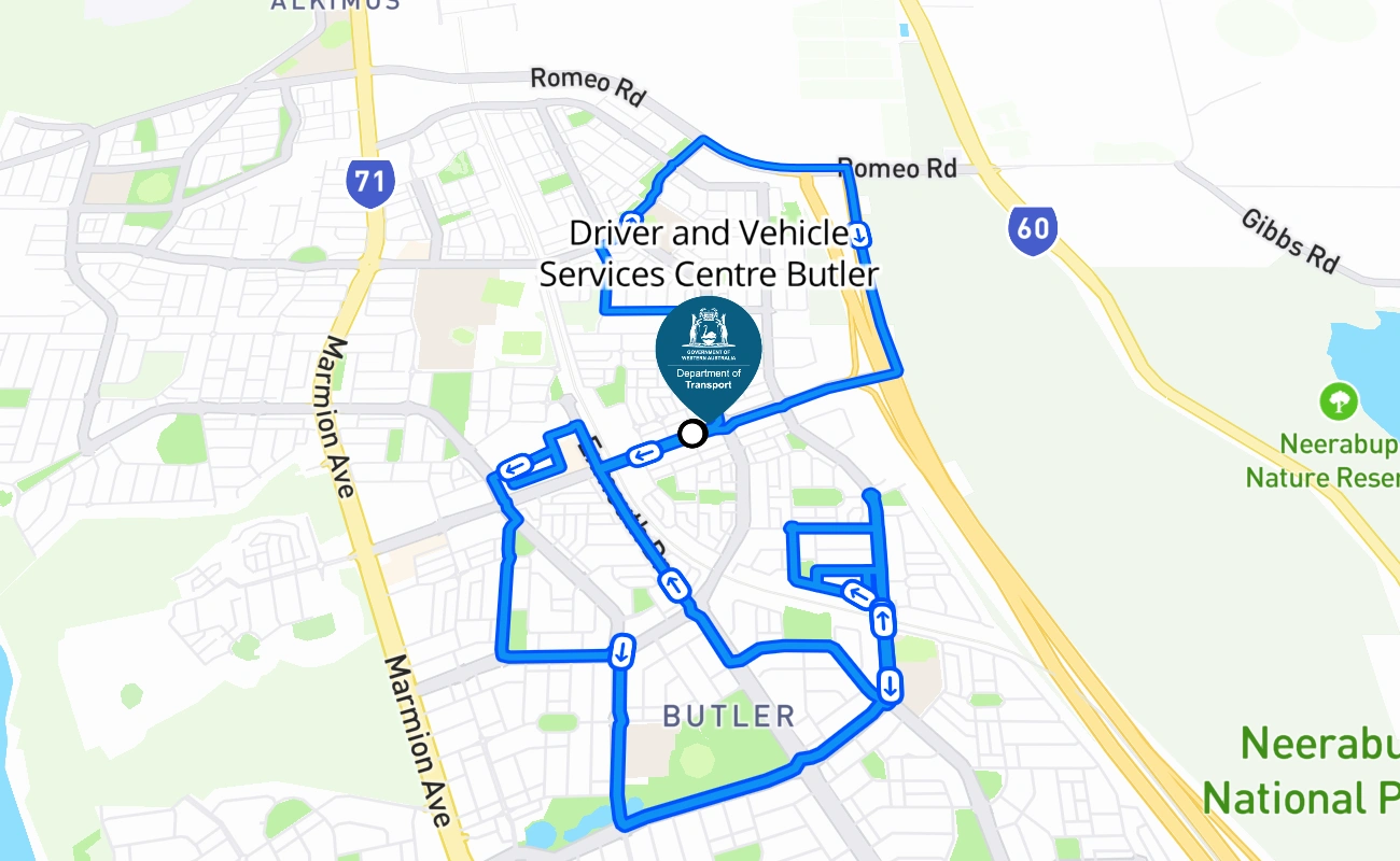 Driver and Vehicle Services Centre Butler 驾考路线 #1623 地图 - WA 澳大利亚