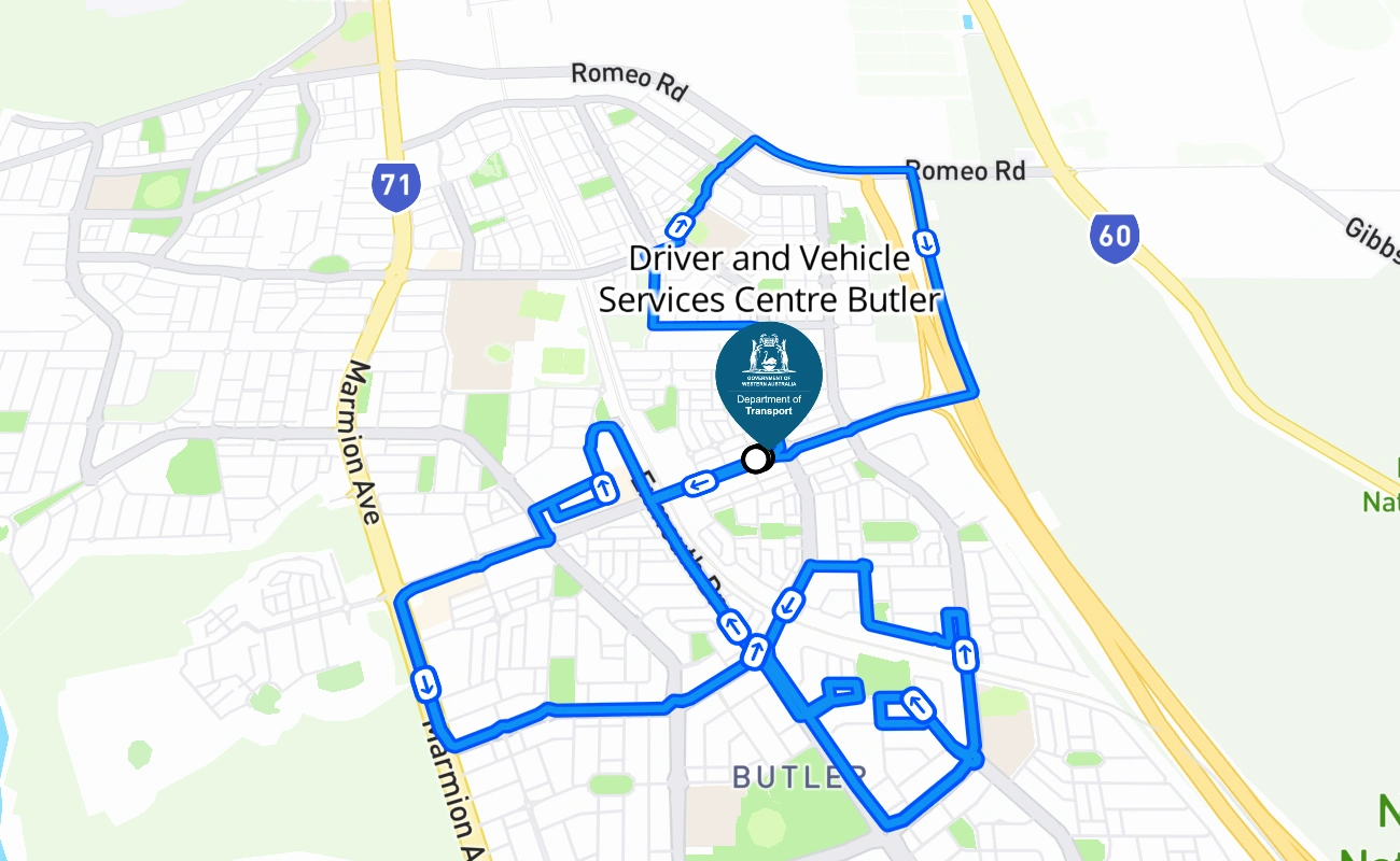 Driver and Vehicle Services Centre Butler 驾考路线 #1624 地图 - WA 澳大利亚