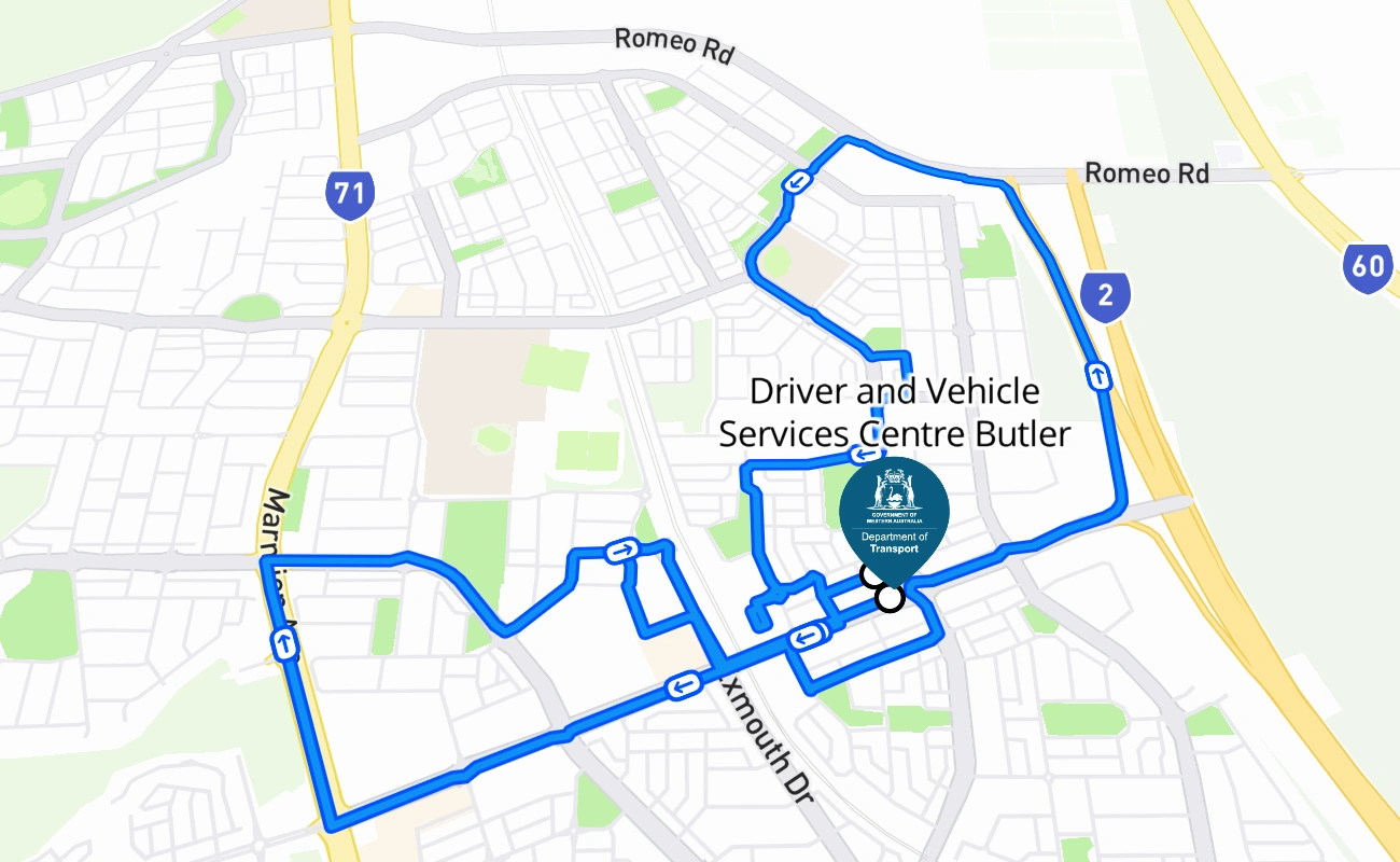 Driver and Vehicle Services Centre Butler 驾考路线 #1626 地图 - WA 澳大利亚
