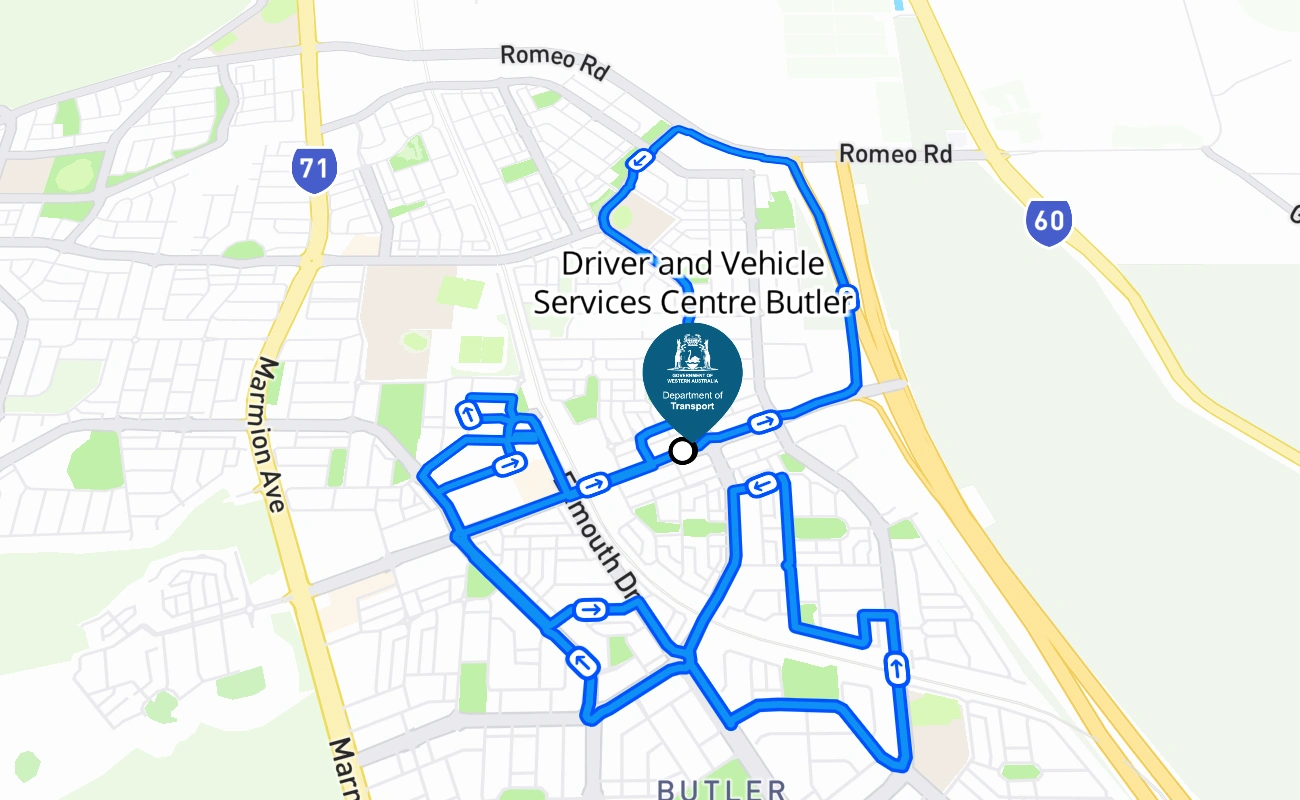 Driver and Vehicle Services Centre Butler 驾考路线 #1627 地图 - WA 澳大利亚