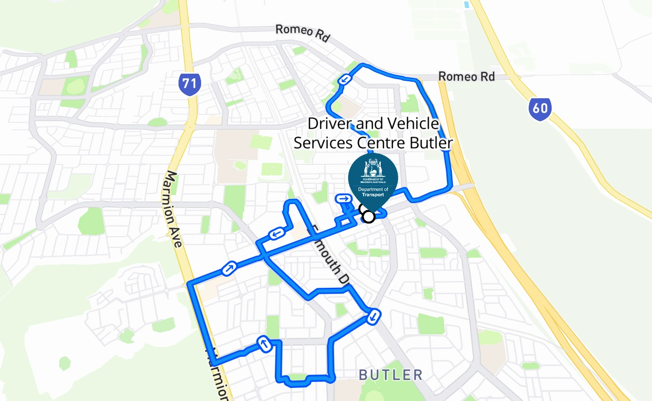 Driver and Vehicle Services Centre Butler 驾考路线 #1628 地图 - WA 澳大利亚