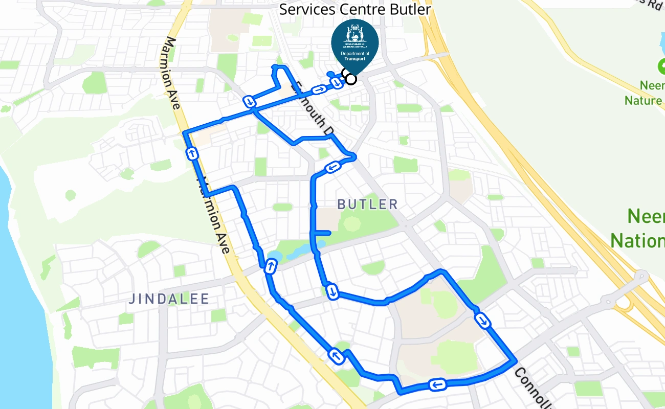 Driver and Vehicle Services Centre Butler 驾考路线 #1629 地图 - WA 澳大利亚