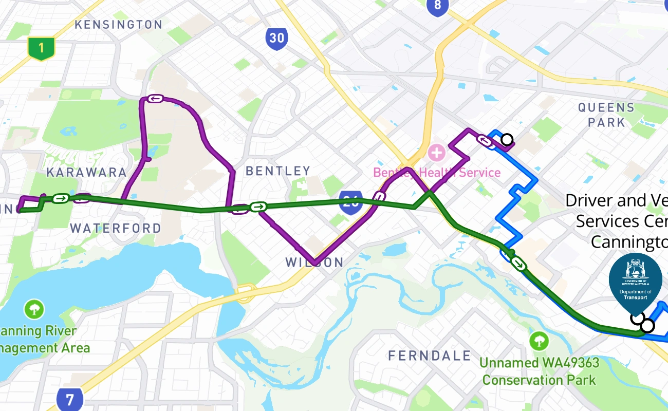 Driver and Vehicle Services Centre Cannington driving test route #226 map - WA Australia