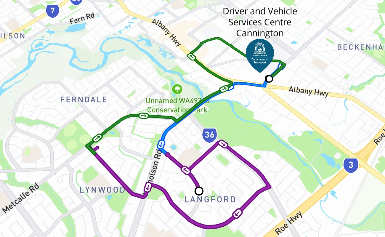Driver and Vehicle Services Centre Cannington driving test route #227 map - WA Australia