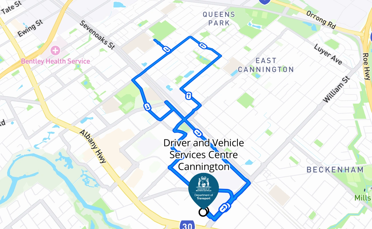 Driver and Vehicle Services Centre Cannington driving test route #229 map - WA Australia