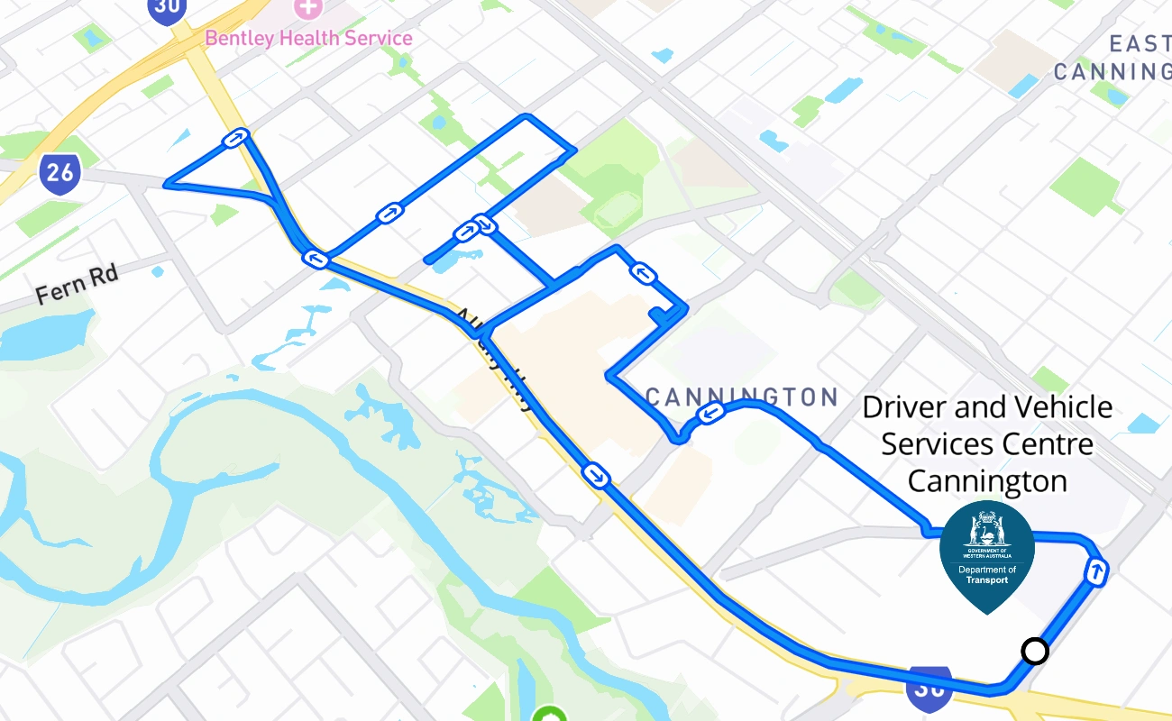 Driver and Vehicle Services Centre Cannington driving test route #230 map - WA Australia