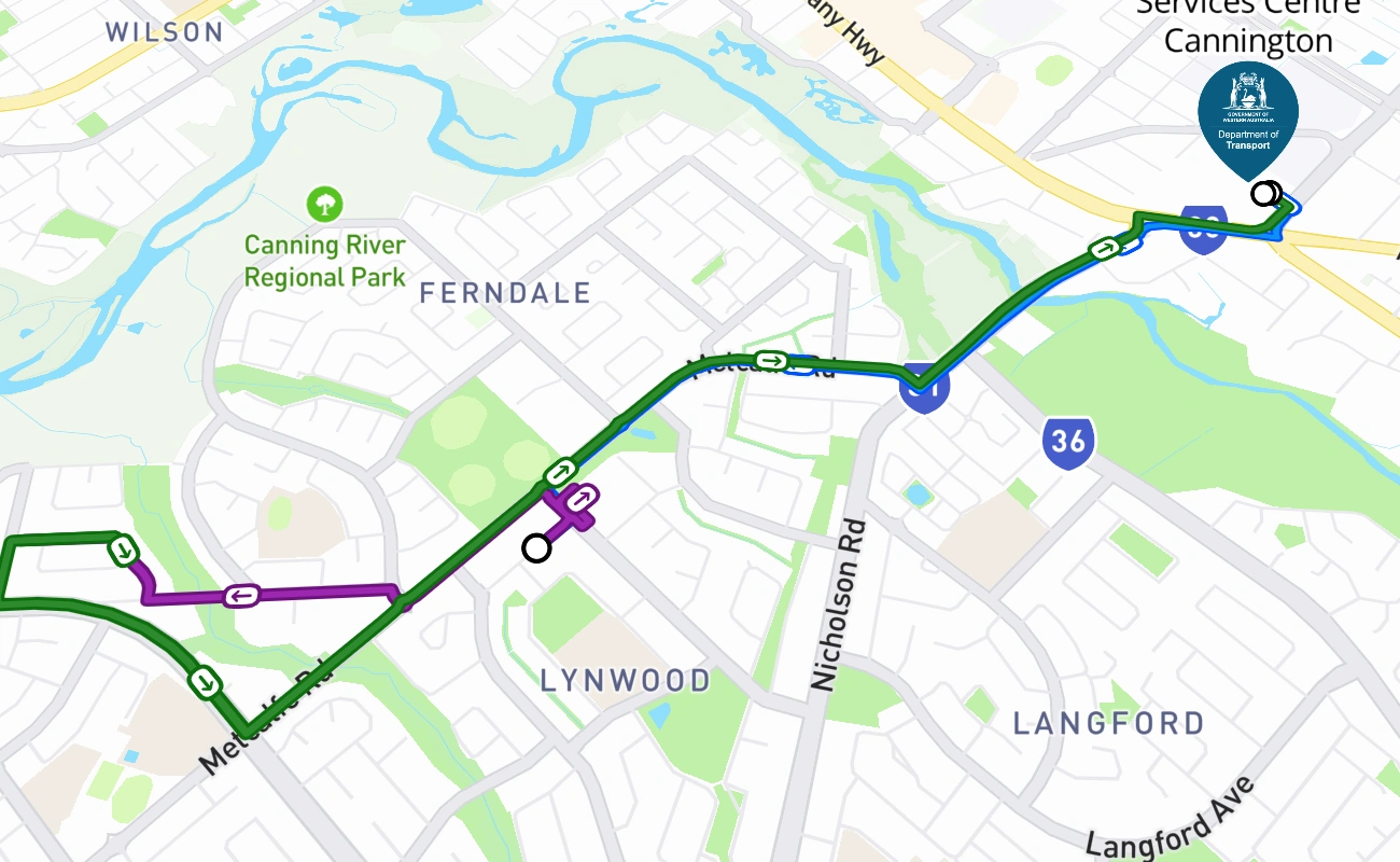 Driver and Vehicle Services Centre Cannington driving test route #2763 map - WA Australia
