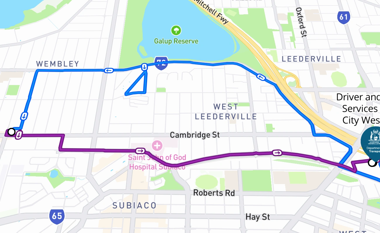 Driver and Vehicle Services Centre City West Perth driving test route #261 map - WA Australia