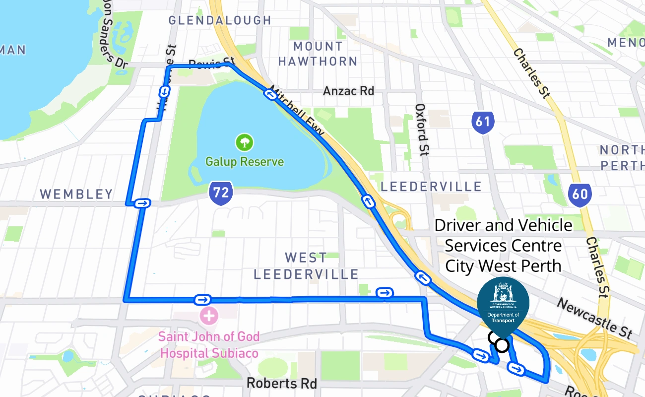 Driver and Vehicle Services Centre City West Perth driving test route #262 map - WA Australia
