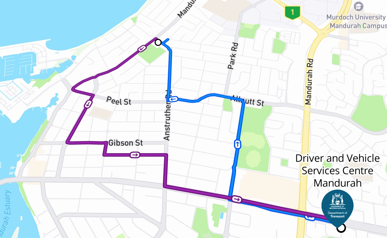 Driver and Vehicle Services Centre Mandurah driving test route #218 map - WA Australia