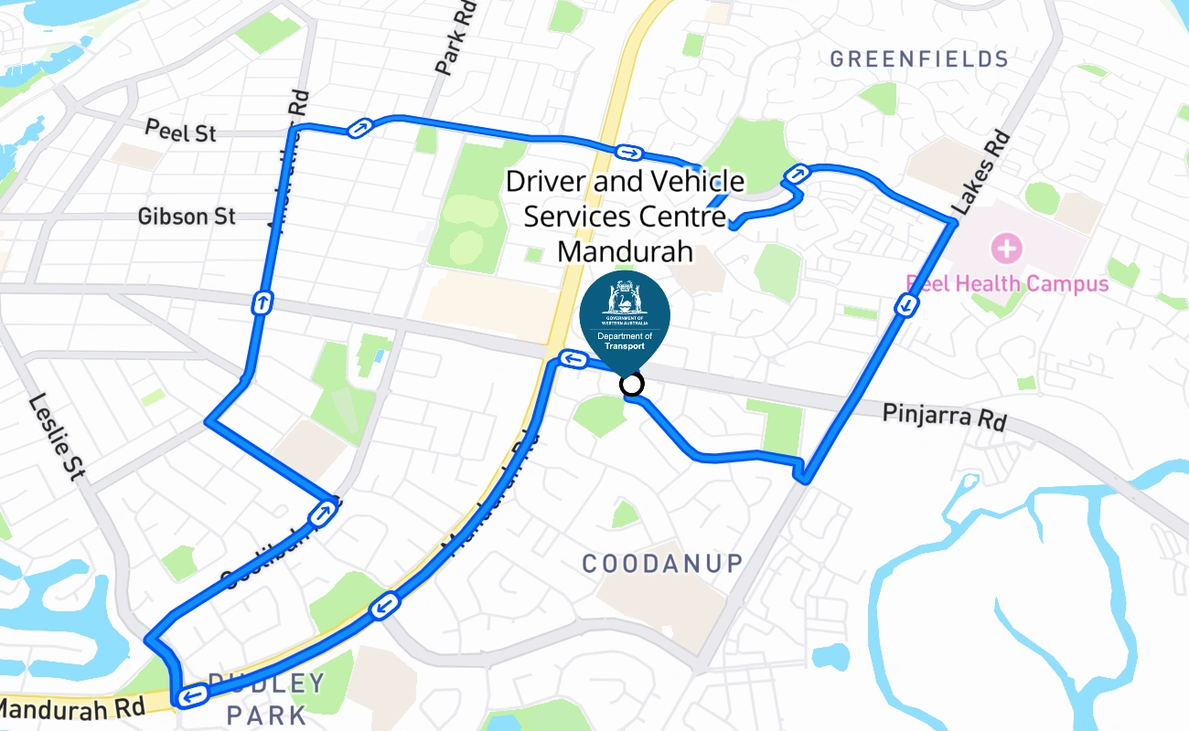 Driver and Vehicle Services Centre Mandurah driving test route #219 map - WA Australia