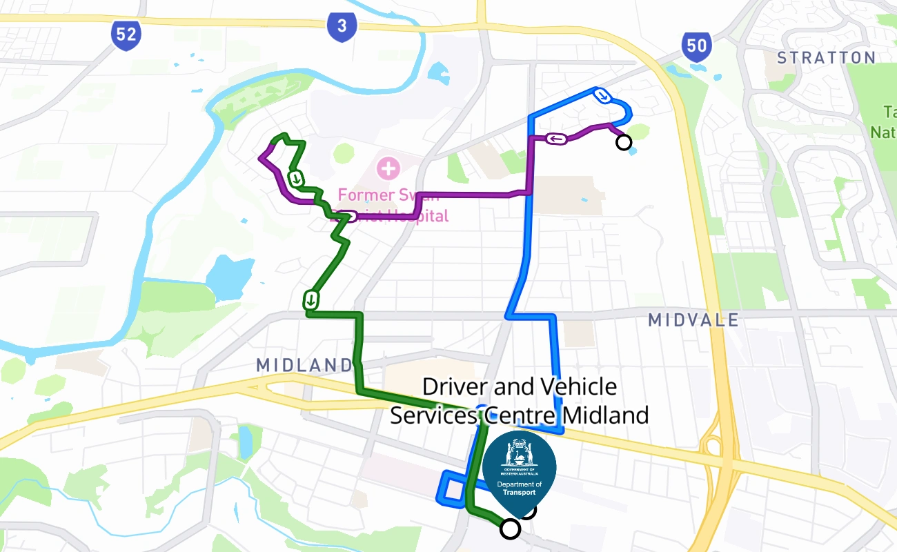 Driver and Vehicle Services Centre Midland driving test route #253 map - WA Australia