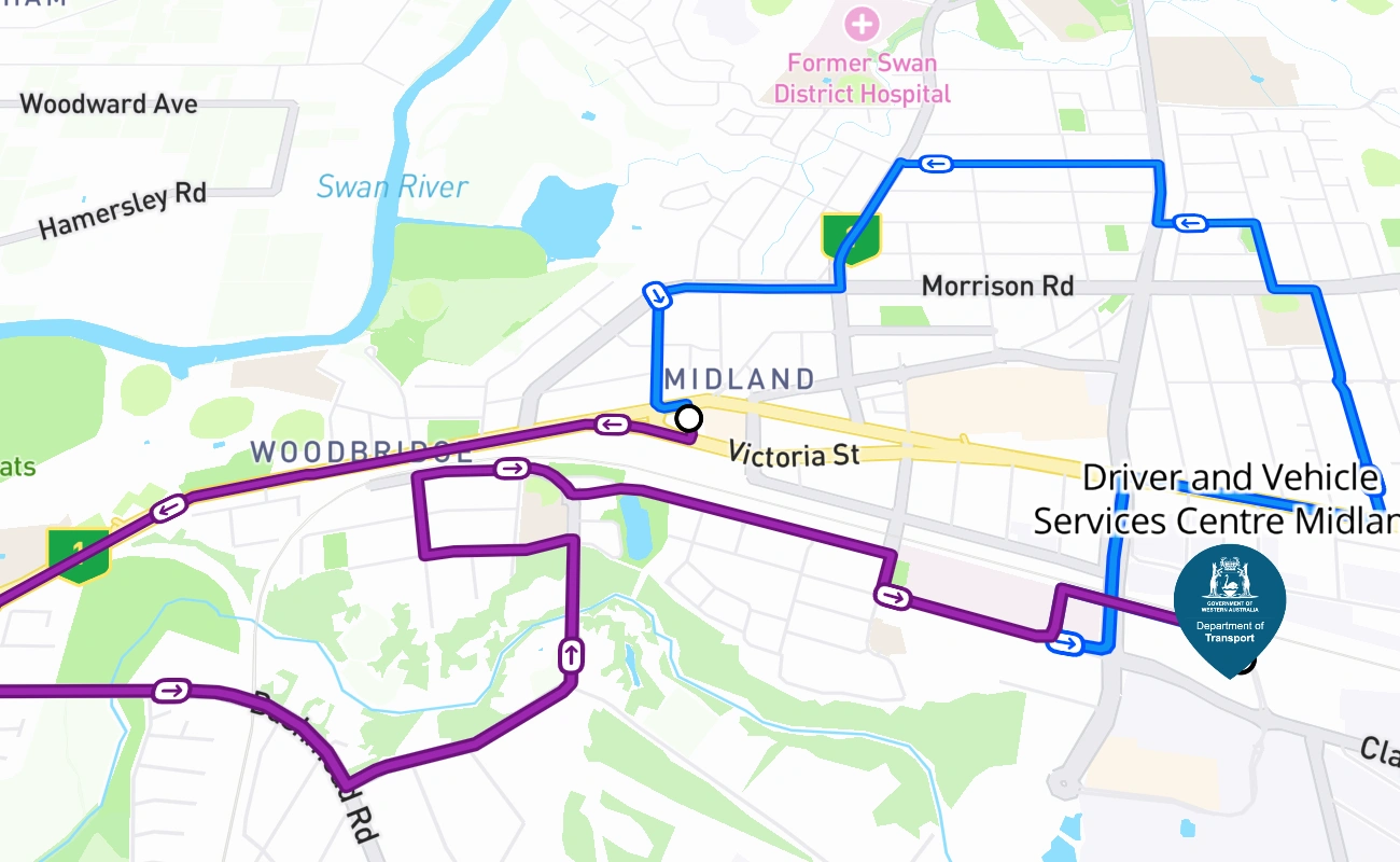 Driver and Vehicle Services Centre Midland driving test route #254 map - WA Australia