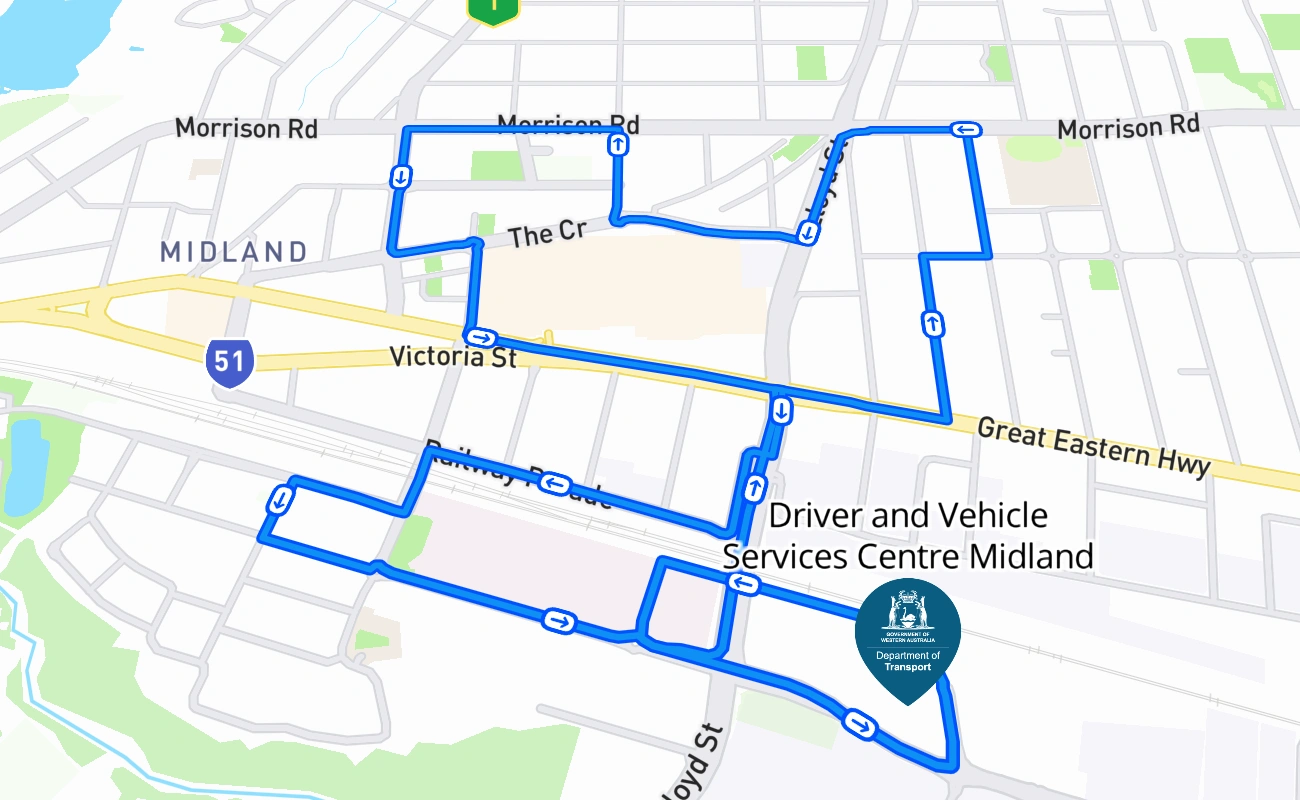 Driver and Vehicle Services Centre Midland 驾考路线 #2696 地图 - WA 澳大利亚
