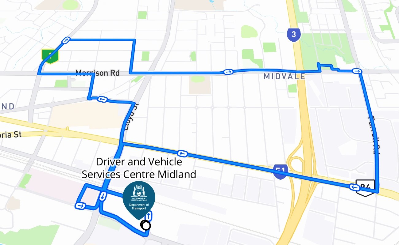 Driver and Vehicle Services Centre Midland 驾考路线 #2742 地图 - WA 澳大利亚