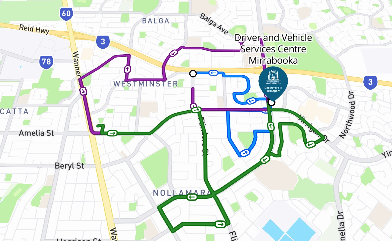 Driver and Vehicle Services Centre Mirrabooka driving test route #234 map - WA Australia