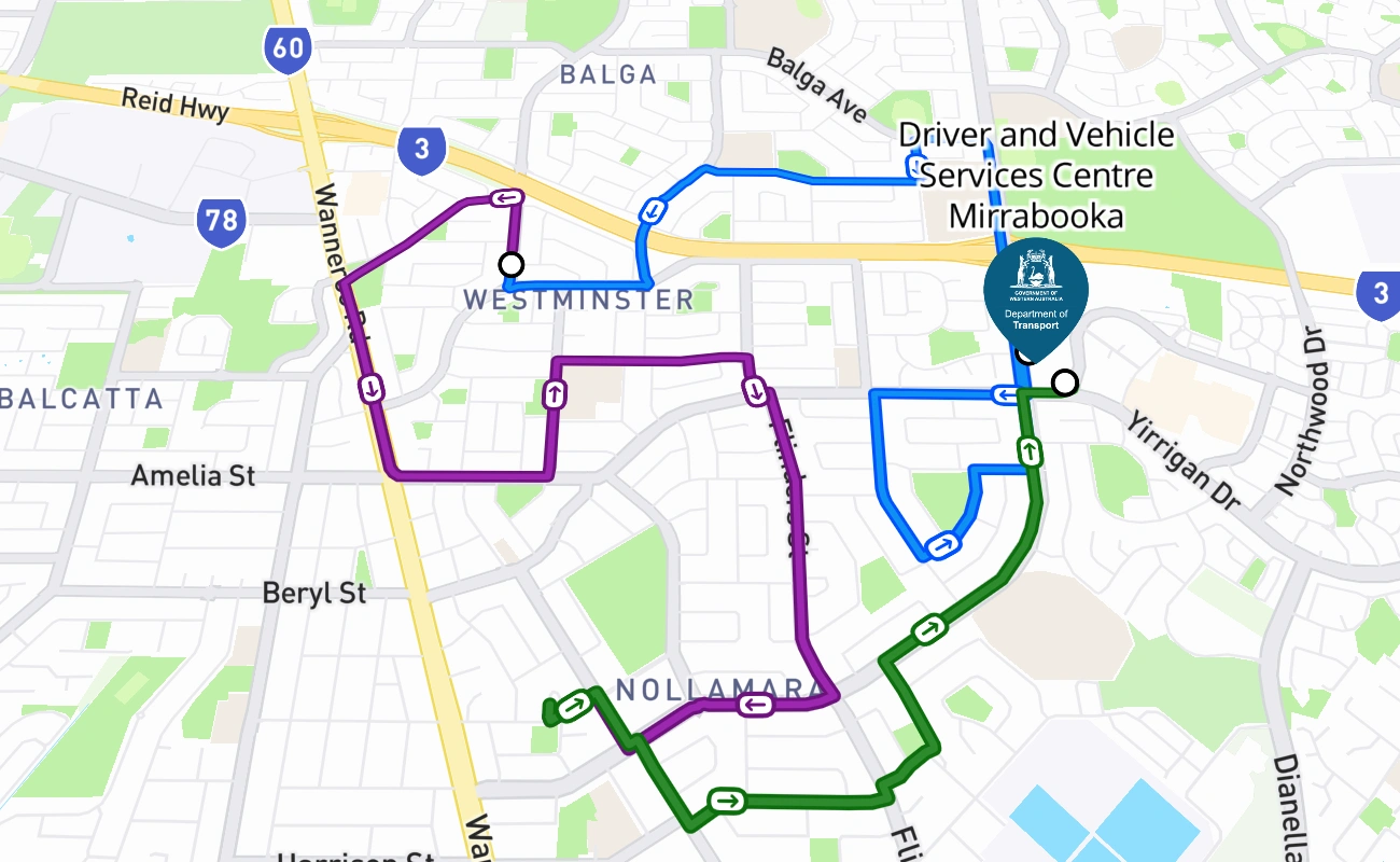 Driver and Vehicle Services Centre Mirrabooka driving test route #235 map - WA Australia