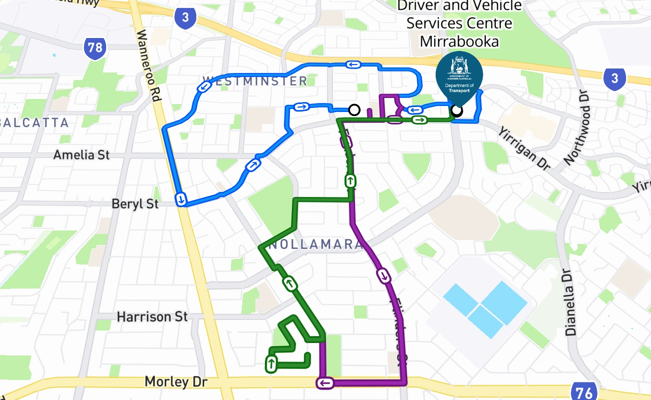 Driver and Vehicle Services Centre Mirrabooka driving test route #238 map - WA Australia