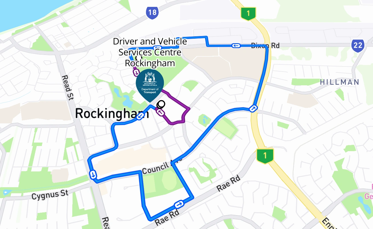 Driver and Vehicle Services Centre Rockingham 驾考路线 #255 地图 - WA 澳大利亚