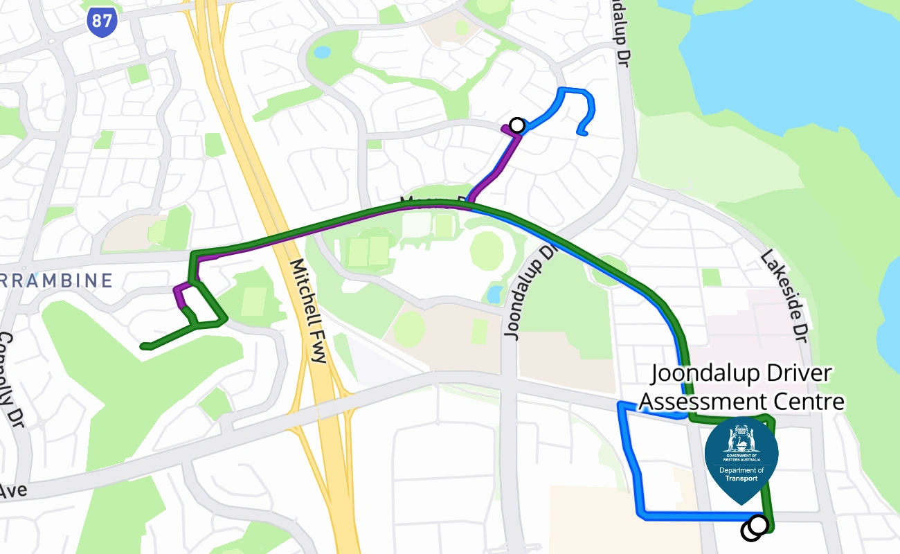 Joondalup Driver Assessment Centre driving test route #180 map - WA Australia