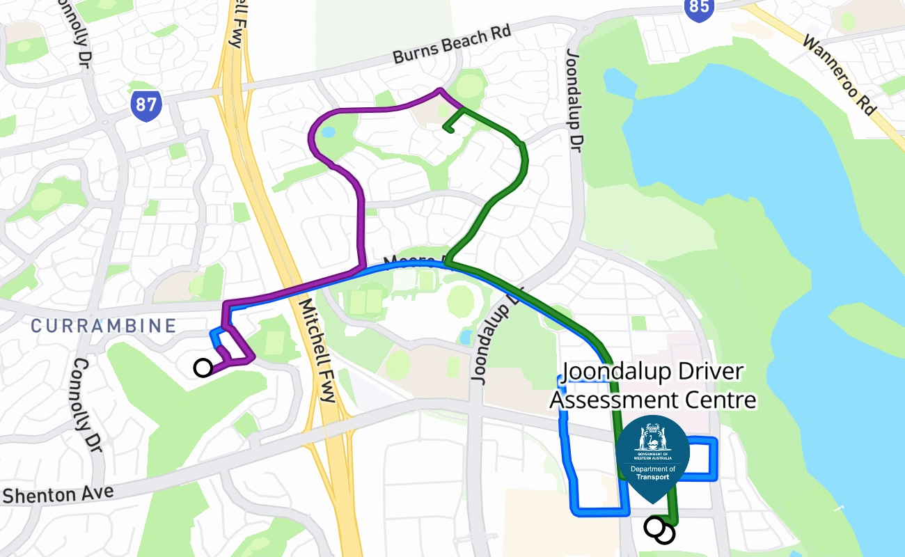 Joondalup Driver Assessment Centre driving test route #181 map - WA Australia