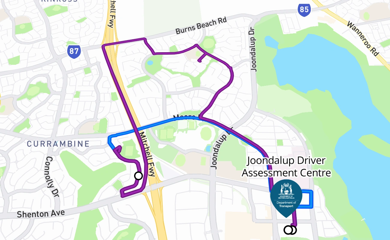 Joondalup Driver Assessment Centre driving test route #182 map - WA Australia