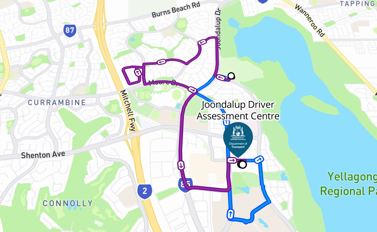 Joondalup Driver Assessment Centre driving test route #233 map - WA Australia