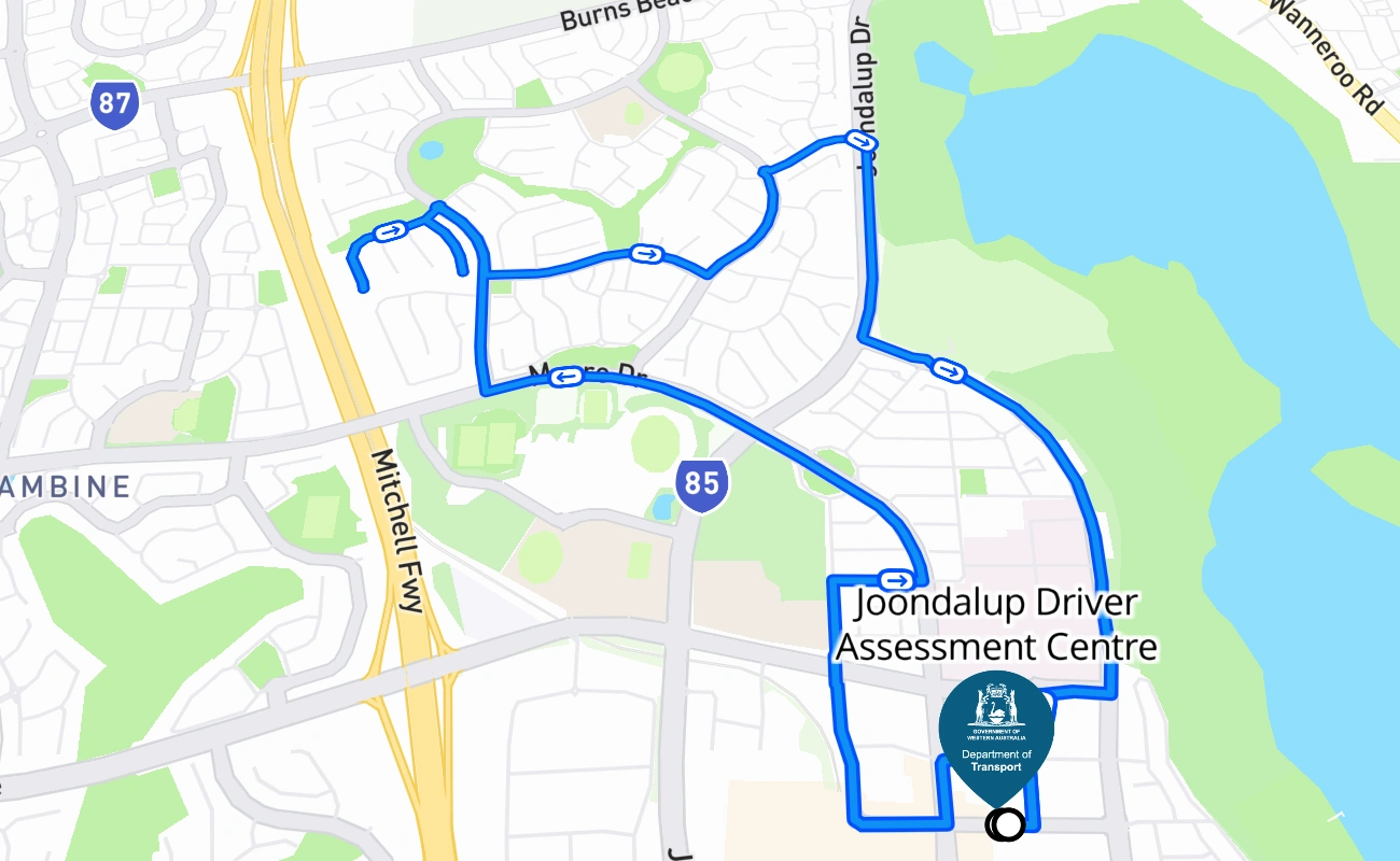 Joondalup Driver Assessment Centre driving test route #1985 map - WA Australia