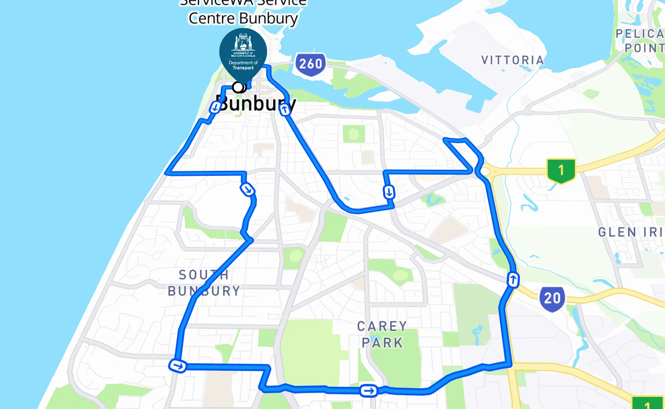 ServiceWA Service Centre Bunbury 驾考路线 #244 地图 - WA 澳大利亚