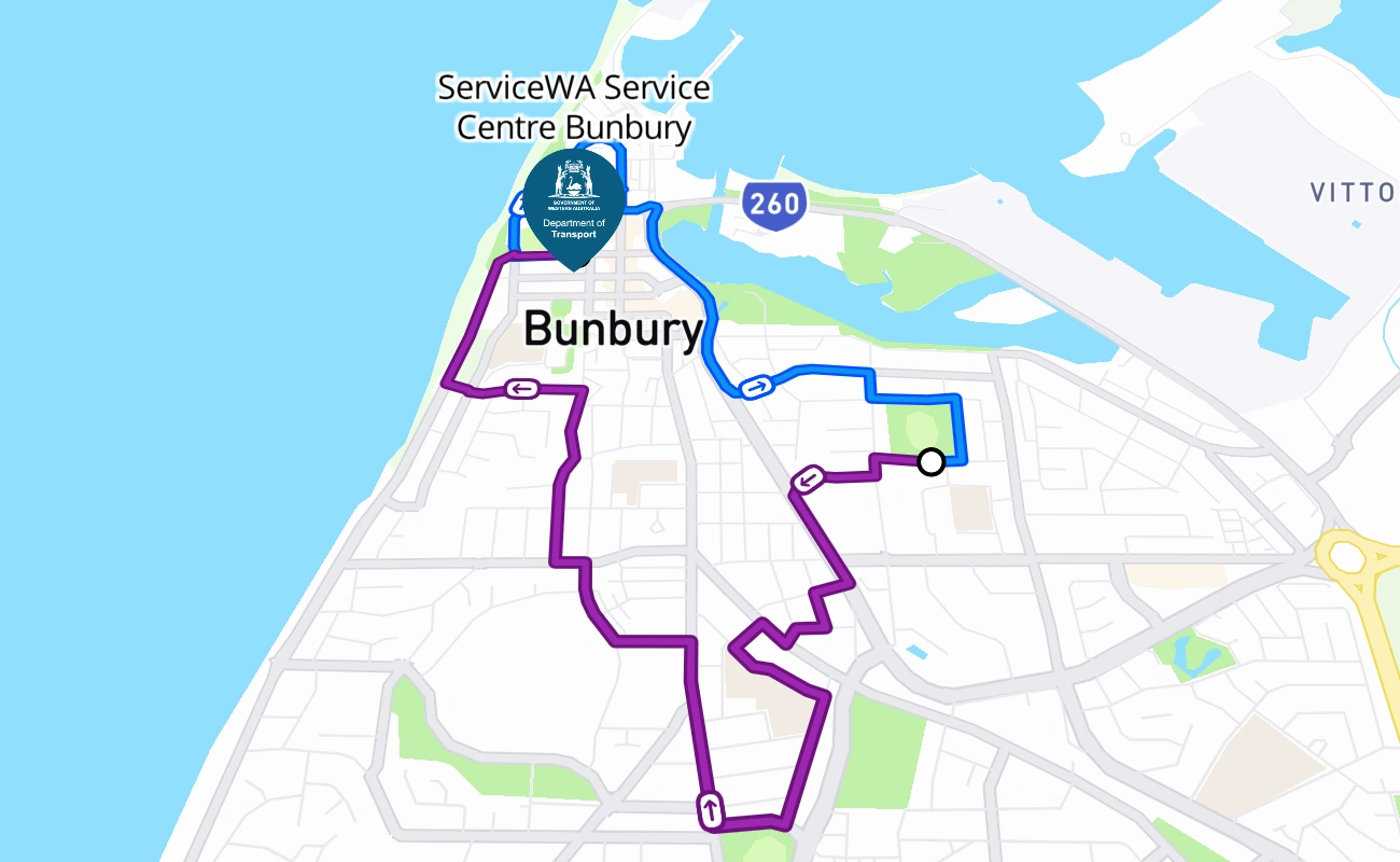 ServiceWA Service Centre Bunbury 驾考路线 #245 地图 - WA 澳大利亚