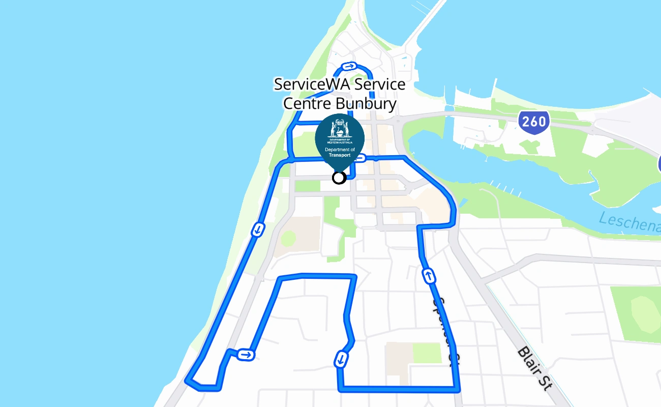 ServiceWA Service Centre Bunbury 驾考路线 #247 地图 - WA 澳大利亚