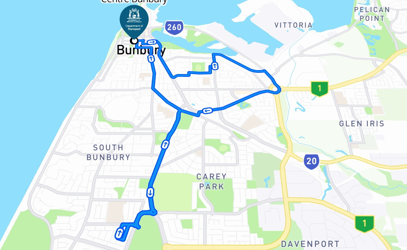 ServiceWA Service Centre Bunbury driving test route #2708 map - WA Australia