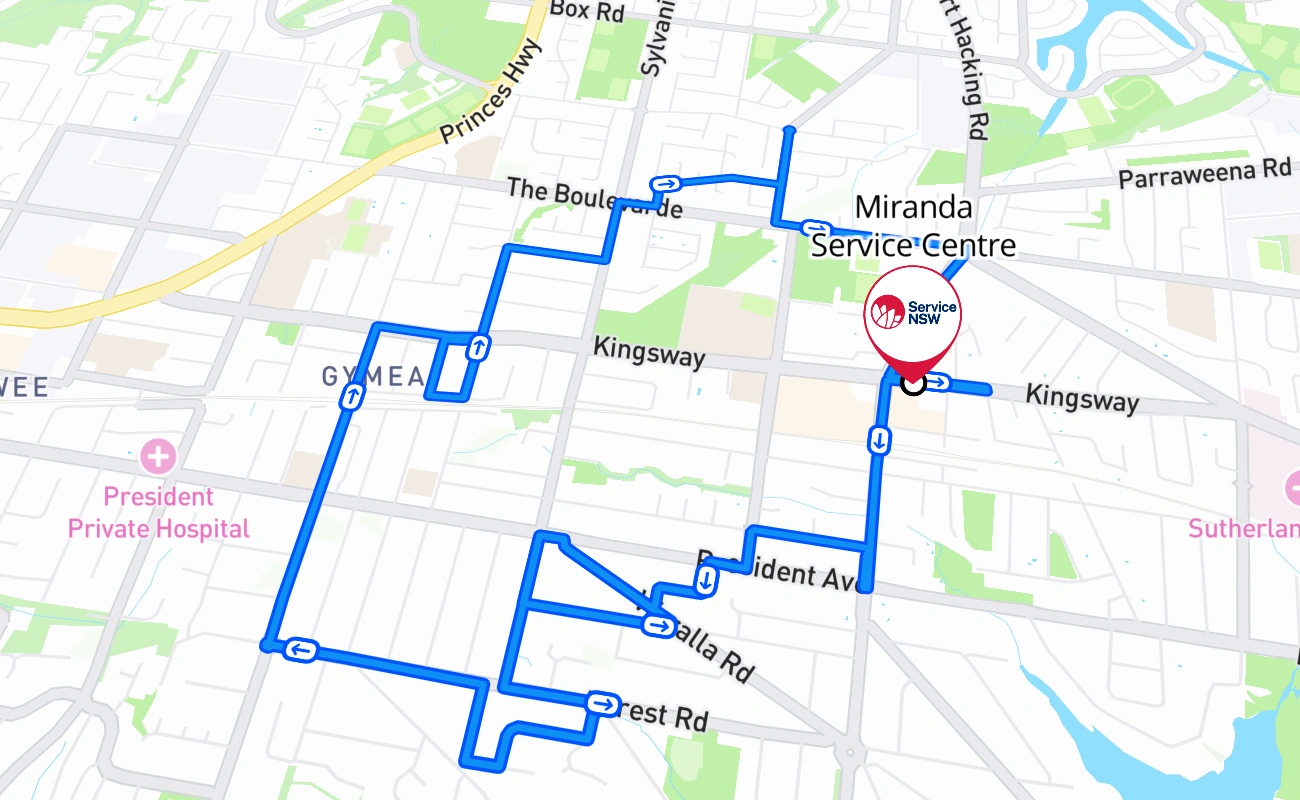 Miranda Service Centre 驾考路线 #822 地图 - NSW 澳大利亚