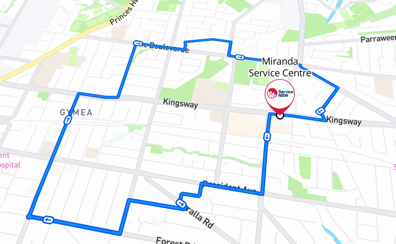 Miranda Service Centre driving test route #822 map - NSW Australia
